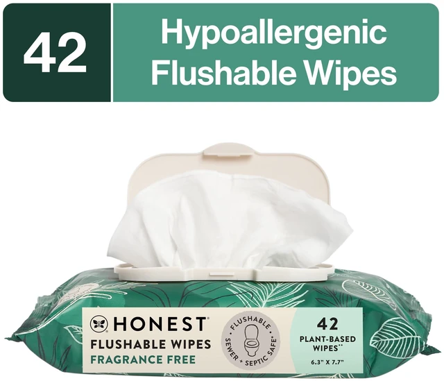 Main image of The Honest Company Flushable Wet Wipes for Adults, Fragrance Free, Hypoallergenic, Tropical Leaves, 42 Count