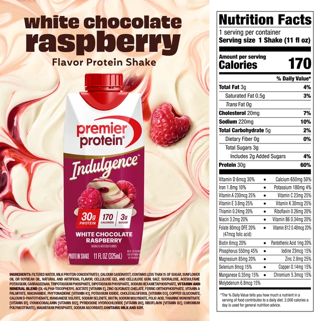 Alt view image 3 of 5 - Premier Protein Indulgence Protein Shake White Chocolate Raspberry 30g Protein 11 fl oz 4 Ct