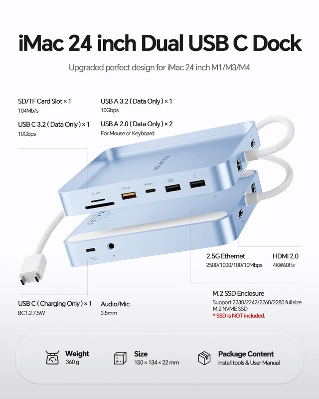 Alt view image 2 of 5 - 11-in-1 USB C Hub for iMac 24" 2021-2024 with M.2 NVMe 4TB SSD Enclosure