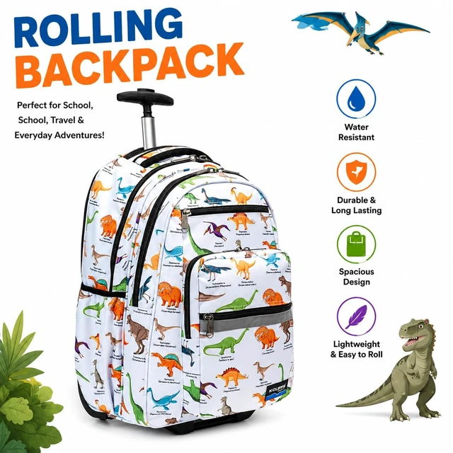 Alt view image 2 of 5 - K-Cliffs Heavy Duty Rolling Backpack School Bookbag with Wheels Deluxe Wheeled Daypack (Dino)