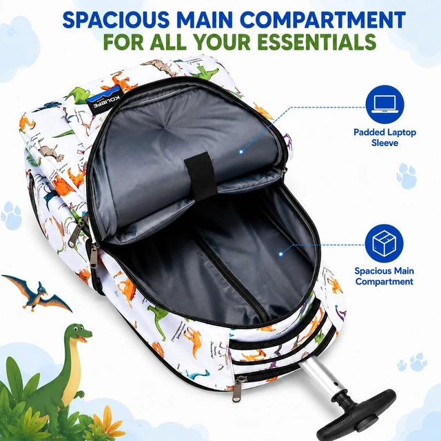 Alt view image 5 of 5 - K-Cliffs Heavy Duty Rolling Backpack School Bookbag with Wheels Deluxe Wheeled Daypack (Dino)