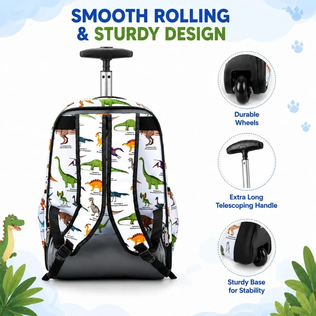 Alt view image 4 of 5 - K-Cliffs Heavy Duty Rolling Backpack School Bookbag with Wheels Deluxe Wheeled Daypack (Dino)