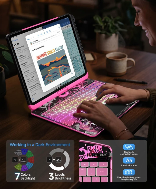Alt view image 4 of 5 - Cyberpunk Clear Keyboard Case for iPad Pro 13 Inch M5/M4, 360 Swivel