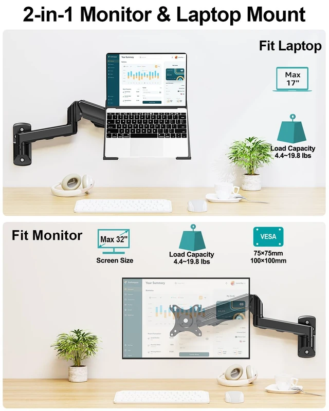 Alt view image 2 of 5 - MOUNT PRO Laptop Wall Mount, 2-in-1 Monitor Wall Mount with Vented Tray for 11-17" Notebook/13-32 Computer Screen, Full Motion Adjustable Laptop Holder Stand, Gas Spring Laptop Arm Holds 4.4-19.8 lbs