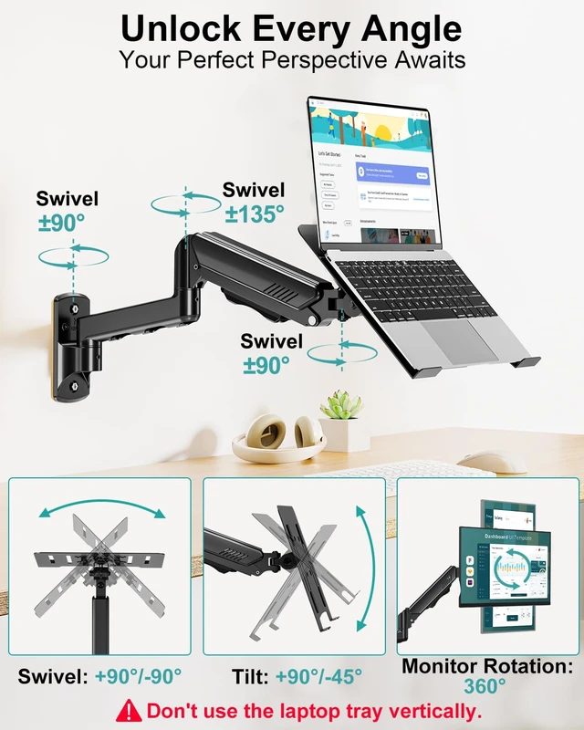 Alt view image 4 of 5 - MOUNT PRO Laptop Wall Mount, 2-in-1 Monitor Wall Mount with Vented Tray for 11-17" Notebook/13-32 Computer Screen, Full Motion Adjustable Laptop Holder Stand, Gas Spring Laptop Arm Holds 4.4-19.8 lbs