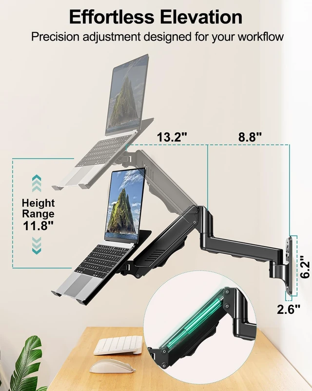 Alt view image 5 of 5 - MOUNT PRO Laptop Wall Mount, 2-in-1 Monitor Wall Mount with Vented Tray for 11-17" Notebook/13-32 Computer Screen, Full Motion Adjustable Laptop Holder Stand, Gas Spring Laptop Arm Holds 4.4-19.8 lbs