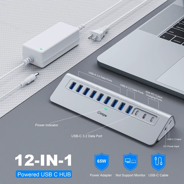 Alt view image 2 of 5 - Powered USB Hub 10Gbps, intpw YH9AC 12 Port USB C Hub with 10Gbps USB C 3.2+2 USB A 3.2, 7 USB 3.0, 2 PD 45W Charging Port, 65W Power Adapter + 3.3FT Cable, Aluminum USB Hub for PC/Laptop/iPhone 17/16