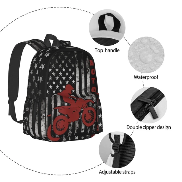 Alt view image 4 of 5 - famliihw American Flag Motocross Backpack Laptop Backpacks Multipurpose Daypack For Men Women Travel Hiking