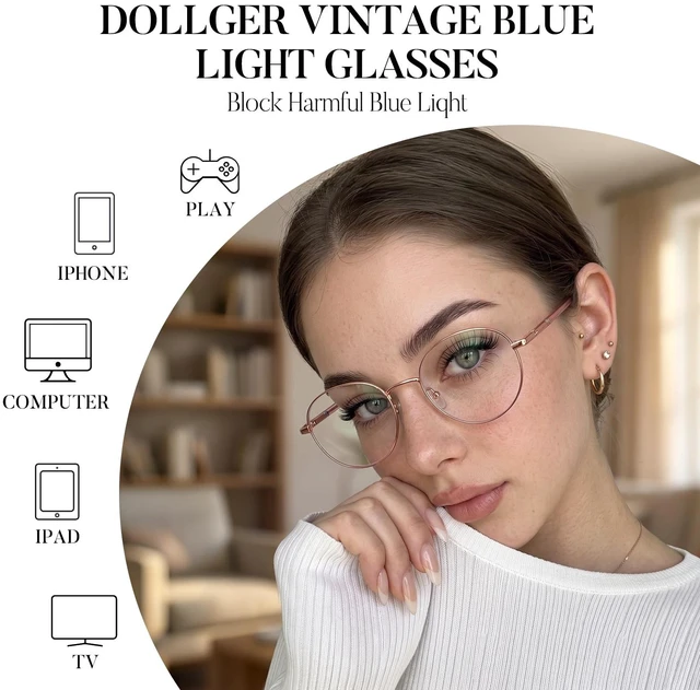 Alt view image 3 of 5 - Dollger Round Blue Light Blocking Glasses for Women Men Circle Clear Lens Metal Frame Computer Gaming Eyeglasses Blue Light Glasses