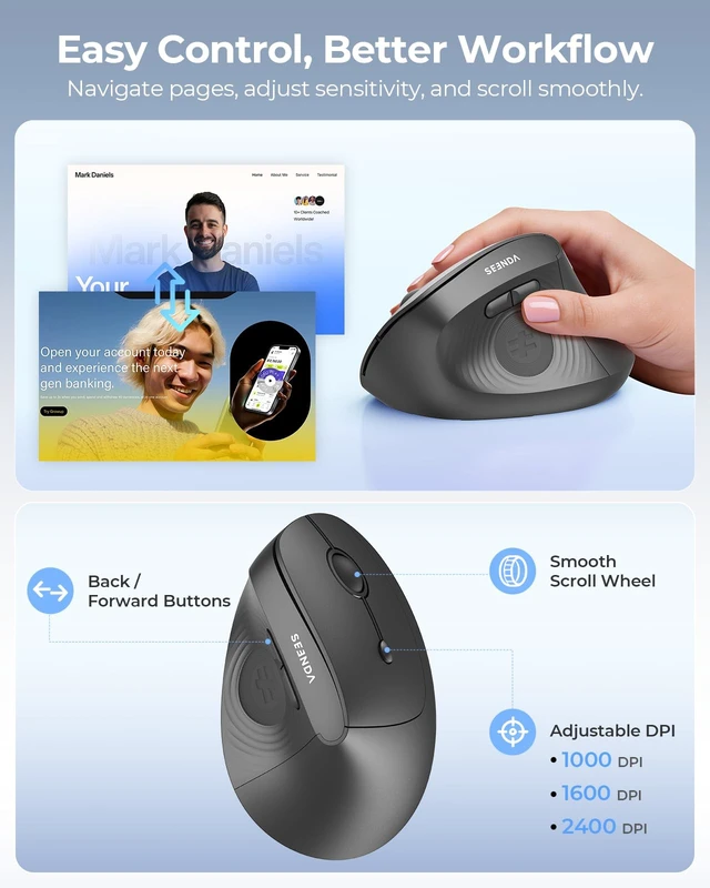 Alt view image 3 of 5 - seenda Ergonomic Wireless Mouse, 52 Vertical Bluetooth Mouse, Black