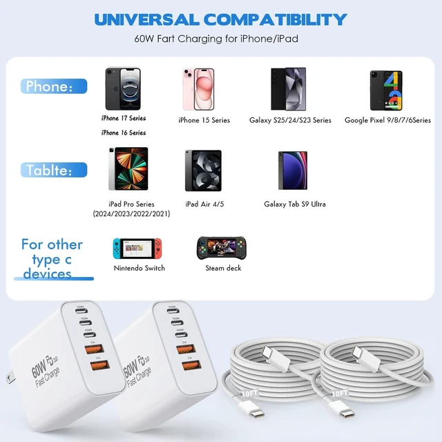 Alt view image 2 of 5 - 10FT iPhone 17 16 Fast Charging Woven Cord,2Pack 60W 5-Port USB Charger Block for iPhone with 10FT Type C Fast Charging Cable,Charging Plug for iPhone17/17 Air/17 Pro Max/16e/16/15/15 Pro Max,iPad Pro