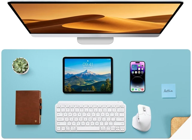 Main image of Aothia Double-Sided Desk Pad 37.8"x17" Leather Desk Mat with Eco Cork Protector, Large Mouse Pad, Waterproof Desk Blotter for Office/Home (Blue Topaz)