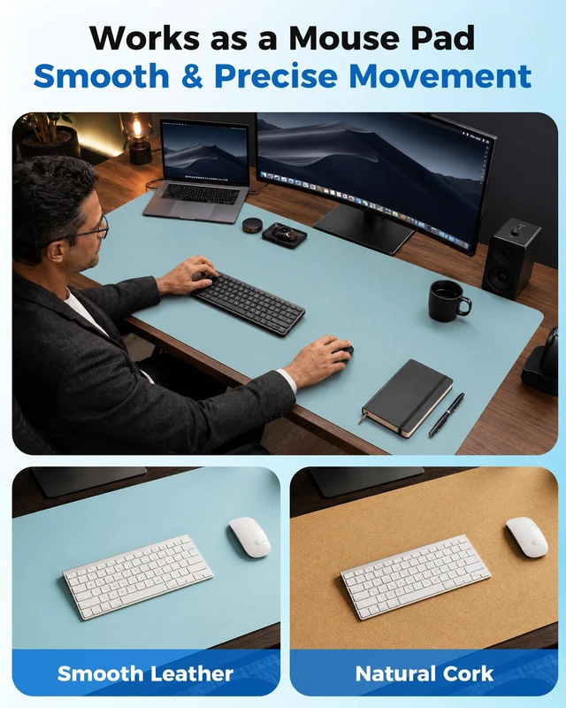 Alt view image 3 of 5 - Aothia Double-Sided Desk Pad 37.8"x17" Leather Desk Mat with Eco Cork Protector, Large Mouse Pad, Waterproof Desk Blotter for Office/Home (Blue Topaz)