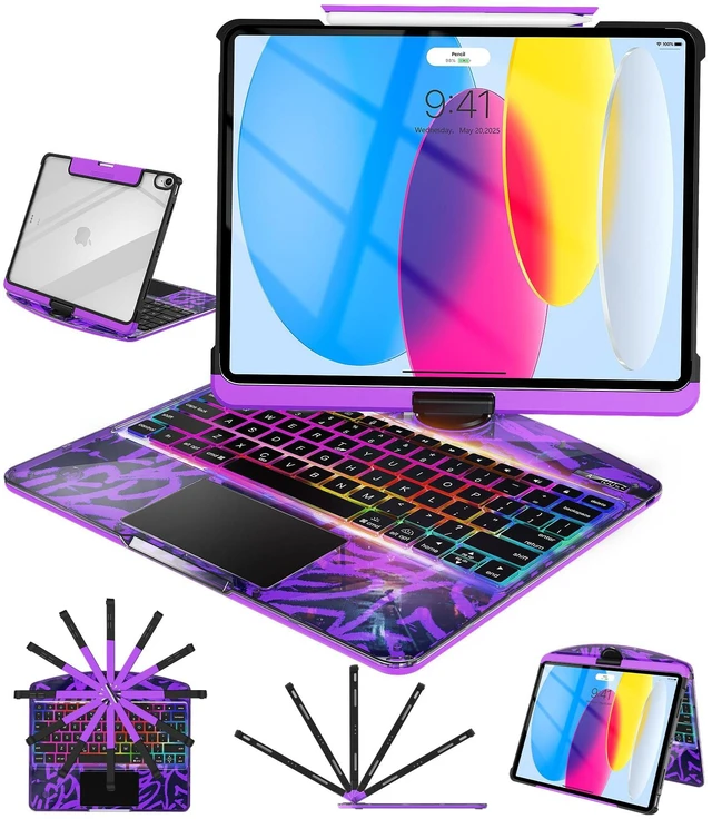 Main image of Auupgo Transparent Keyboard Case with Trackpad for iPad 11th Gen A16 (2025) & 10th Gen 10.9" (2022), 7-Color Backlit Wireless Bluetooth Keyboard with 360 Rotating Stand & Pencil Holder, Purple
