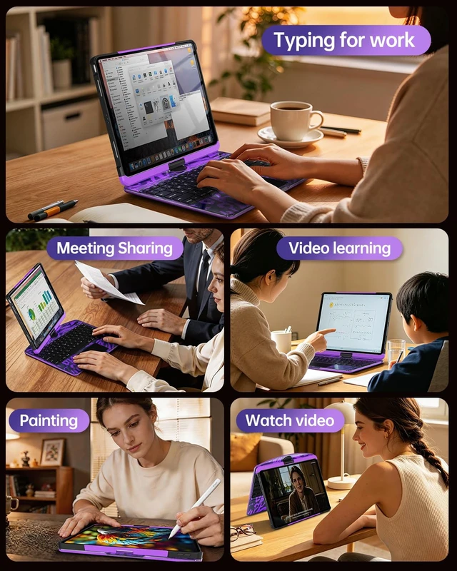 Alt view image 3 of 5 - Auupgo Transparent Keyboard Case with Trackpad for iPad 11th Gen A16 (2025) & 10th Gen 10.9" (2022), 7-Color Backlit Wireless Bluetooth Keyboard with 360 Rotating Stand & Pencil Holder, Purple