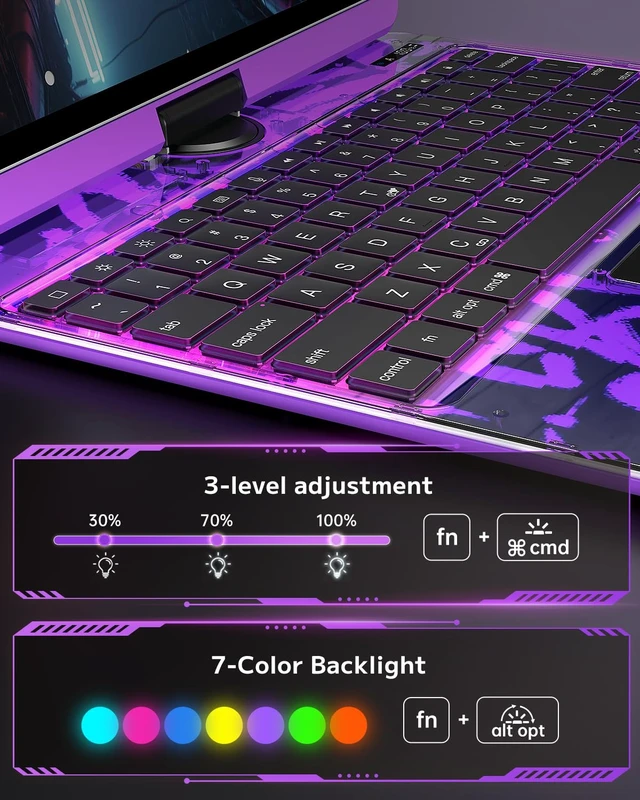Alt view image 4 of 5 - Auupgo Transparent Keyboard Case with Trackpad for iPad 11th Gen A16 (2025) & 10th Gen 10.9" (2022), 7-Color Backlit Wireless Bluetooth Keyboard with 360 Rotating Stand & Pencil Holder, Purple