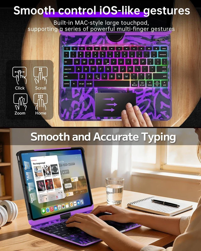 Alt view image 5 of 5 - Auupgo Transparent Keyboard Case with Trackpad for iPad 11th Gen A16 (2025) & 10th Gen 10.9" (2022), 7-Color Backlit Wireless Bluetooth Keyboard with 360 Rotating Stand & Pencil Holder, Purple