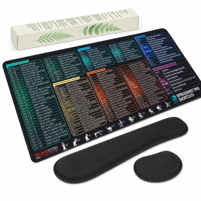 Main image of Excel Cheat Sheet Mouse Pad Set, 3-Piece XXL Excel Shortcut Desk Mat with Keyboard Wrist Rest & Mouse Wrist Rest, Non-Slip Spreadsheet Reference Pad for Office, Accountants, Students, Carbon Black