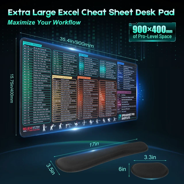 Alt view image 2 of 5 - Excel Cheat Sheet Mouse Pad Set, 3-Piece XXL Excel Shortcut Desk Mat with Keyboard Wrist Rest & Mouse Wrist Rest, Non-Slip Spreadsheet Reference Pad for Office, Accountants, Students, Carbon Black