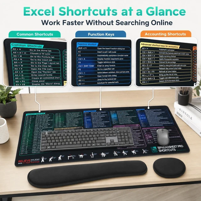 Alt view image 5 of 5 - Excel Cheat Sheet Mouse Pad Set, 3-Piece XXL Excel Shortcut Desk Mat with Keyboard Wrist Rest & Mouse Wrist Rest, Non-Slip Spreadsheet Reference Pad for Office, Accountants, Students, Carbon Black
