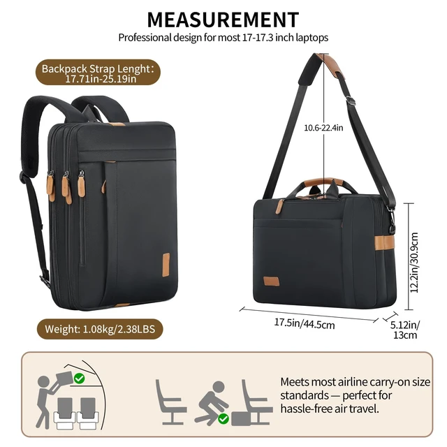 Alt view image 5 of 5 - ESTARER 3 In 1 Laptop Bag for Men, 17-17.3 Inch Laptop Backpack Computer Satchel Bag for Work/Travel/Business, Convertible Briefcase Water resistant Nylon Messenger Backpack (Black)