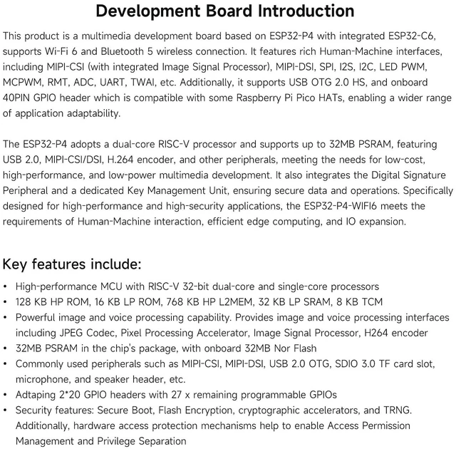 Alt view image 4 of 5 - Waveshare ESP32-P4-WIFI6 High-Performance Development Board, Based On ESP32-P4 and ESP32-C6, Supports Wi-Fi 6 and Bluetooth 5/BLE-Bundle with Monitor, Speaker and Camera-12 Items