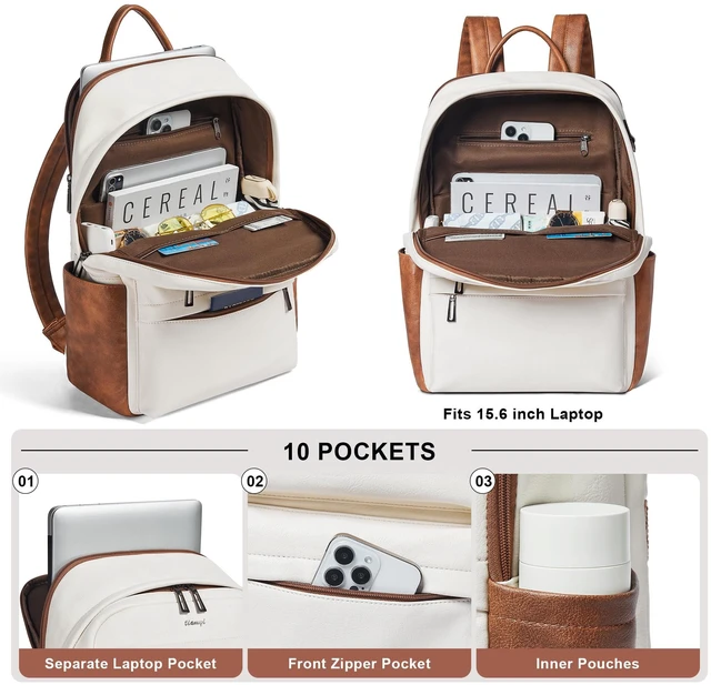 Alt view image 5 of 5 - tiamyi Vegan Leather Backpack for Women and Men, Fits 16.0 Inch Laptop, Multi-Pocket Design with Water Bottle and Luggage Strap, Ideal for Work, Travel, and Daily Use, Beige