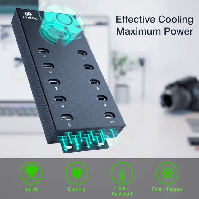 Alt view image 5 of 5 - USB 2.0 Hub Type-C Multi Safety 10 Ports Powered, with AC Adapter, Aluminum USB Splitter with Cooling Fan - Type C for Laptops & PC, PC,Flash Drives, HDD, Hard Drive, Mouse, XPS, Xbox, Keyboard