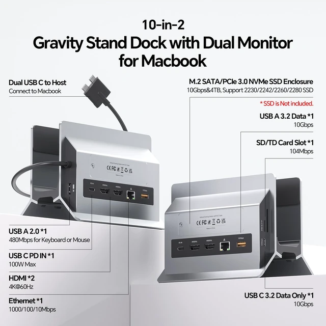 Alt view image 3 of 5 - MacBook Docking Station Dual Monitor 4K@60Hz with M.2 NVMe SSD Enclosure
