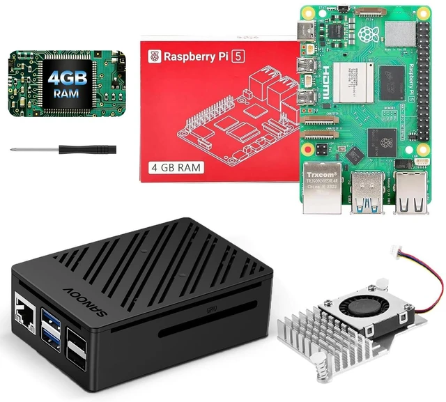 Main image of SANOOV Raspberry Pi 5 4GB Kit, 4GB RAM Single Board Computer with Active Cooler and ABS Case, Complete Raspberry Pi 5 Starter Kit for IoT Robotics Retro Gaming