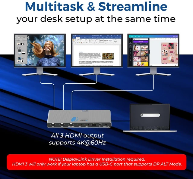 Alt view image 3 of 5 - OREI DisplayLink Triple Monitor Docking Station 4K@60Hz with 100W PD