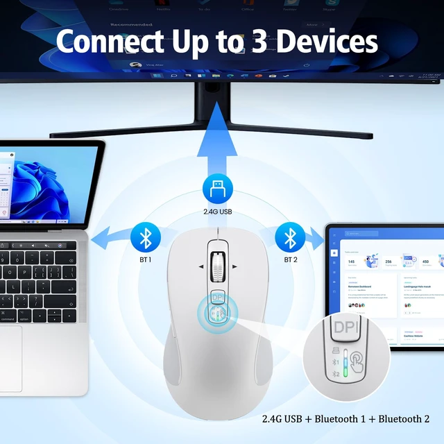 Alt view image 3 of 5 - CITLLA Wireless Bluetooth Mouse (USB + BT1 + BT2), Full Size, 4-Way Scrolling, Multi-Device Silent Mouse for Computer, Laptop, iPad, MacBook (White)