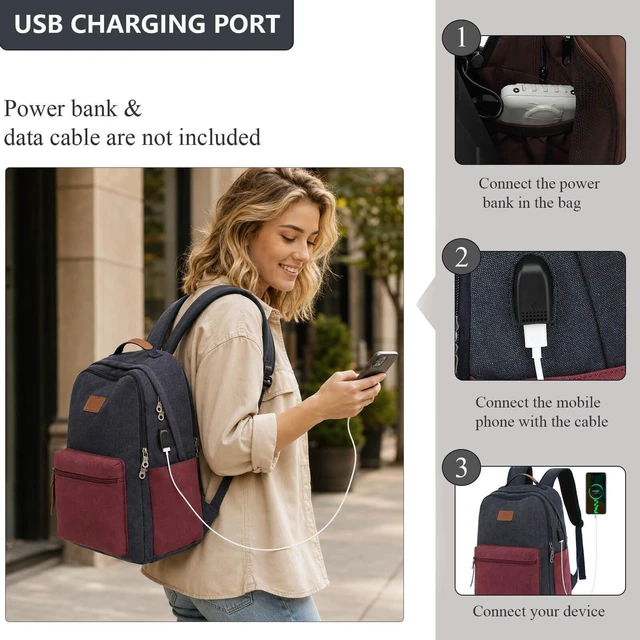 Alt view image 5 of 5 - Waterproof Canvas Backpack, 15.6 Laptop Daypack with USB Port, Blue-Red