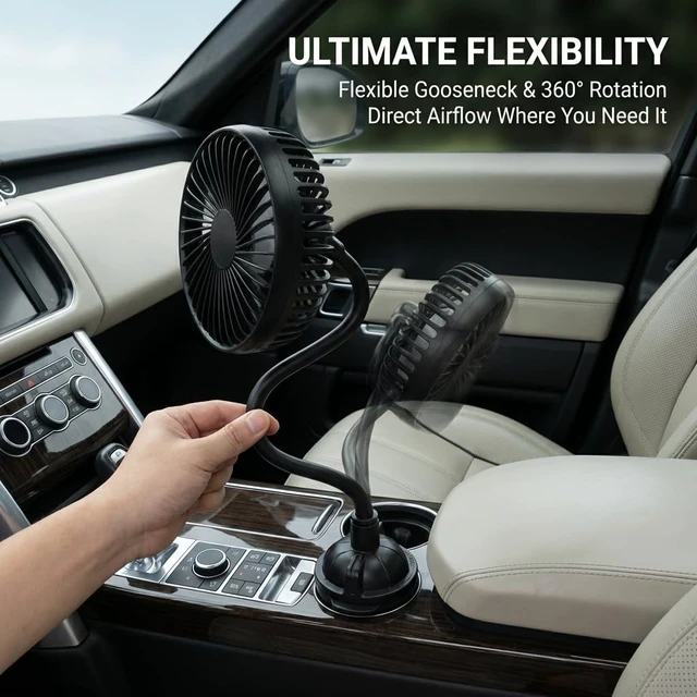Alt view image 4 of 5 - Yosoo Health Gear Car Fan USB Powered Fan with Gooseneck, Low Noise 3 Speeds Adjustable Portable Cart Fan for Car Cup Holders, 5in 360 Rotation Car Cooling Fan with Flexible