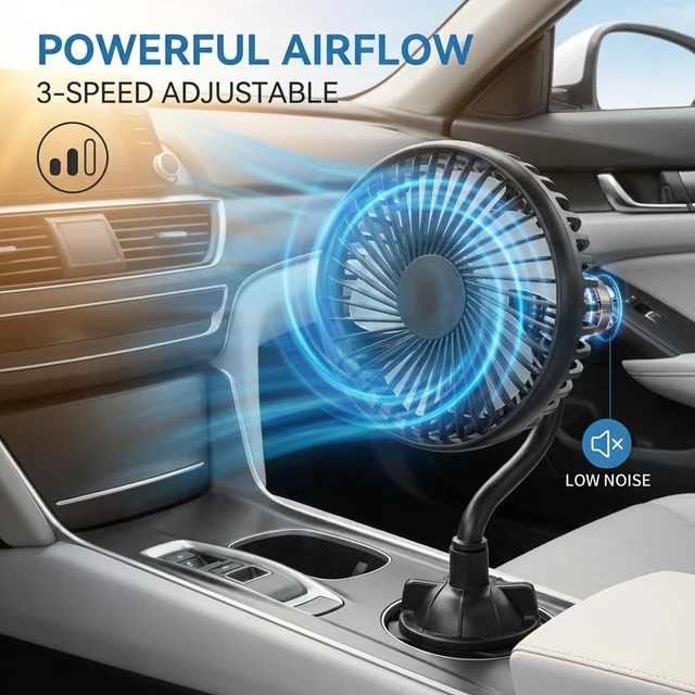Alt view image 3 of 5 - Yosoo Health Gear Car Fan USB Powered Fan with Gooseneck, Low Noise 3 Speeds Adjustable Portable Cart Fan for Car Cup Holders, 5in 360 Rotation Car Cooling Fan with Flexible