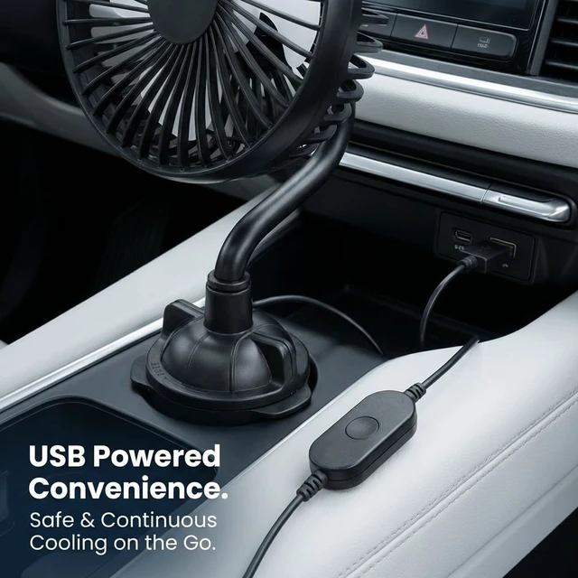 Alt view image 5 of 5 - Yosoo Health Gear Car Fan USB Powered Fan with Gooseneck, Low Noise 3 Speeds Adjustable Portable Cart Fan for Car Cup Holders, 5in 360 Rotation Car Cooling Fan with Flexible