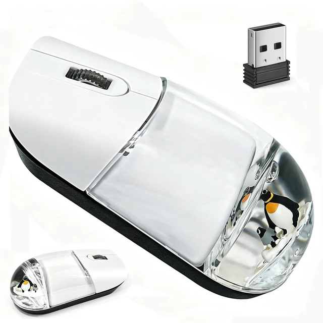 Main image of Wireless Mouse Cute White with Clear Floating Penguin Retro Aqua Liquid Chamber, Silent Optical, Portable Lightweight for PC Laptop MacBook Kids Girls Women,School Office Home Travel, Aestheti