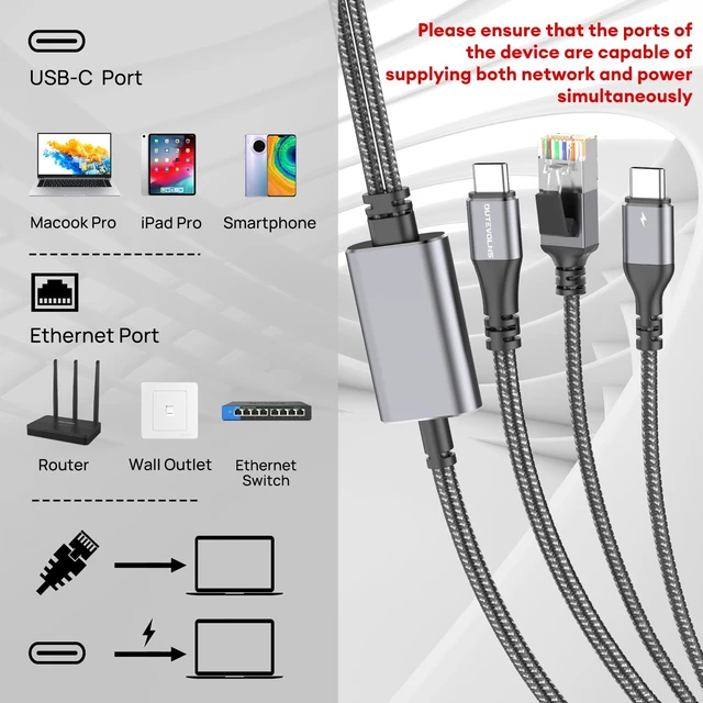Alt view image 2 of 5 - USB C to Ethernet Cable & 100W Charging 10FT, USBC PD & Gigabit LAN 2 in 1