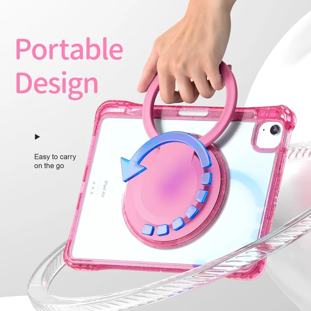 Alt view image 4 of 5 - May Chen for iPad Air 11-inch M4/M3/M2 (2026/2025/2024) 8th 7th 6th, iPad Air 5th/4th Gen (2022/2020) 10.9 Inch - Shockproof Scratch-Resistant Kis Cover with 360 Rotating Ring Stand, Sparkly Pink