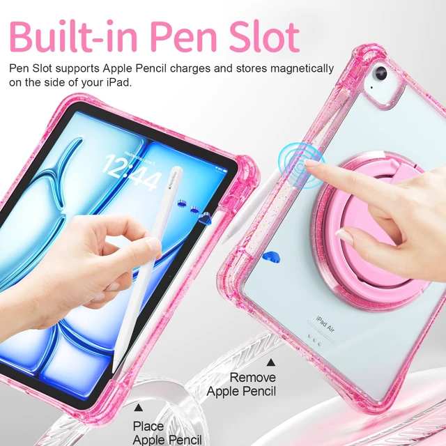 Alt view image 2 of 5 - May Chen for iPad Air 11-inch M4/M3/M2 (2026/2025/2024) 8th 7th 6th, iPad Air 5th/4th Gen (2022/2020) 10.9 Inch - Shockproof Scratch-Resistant Kis Cover with 360 Rotating Ring Stand, Sparkly Pink