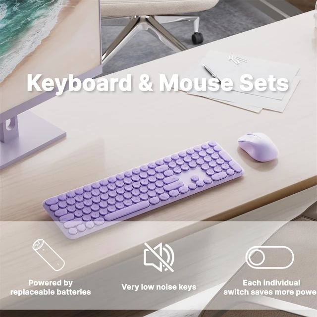 Alt view image 2 of 5 - FCPLU Retro Wireless Keyboard and Mouse Combo Purple
