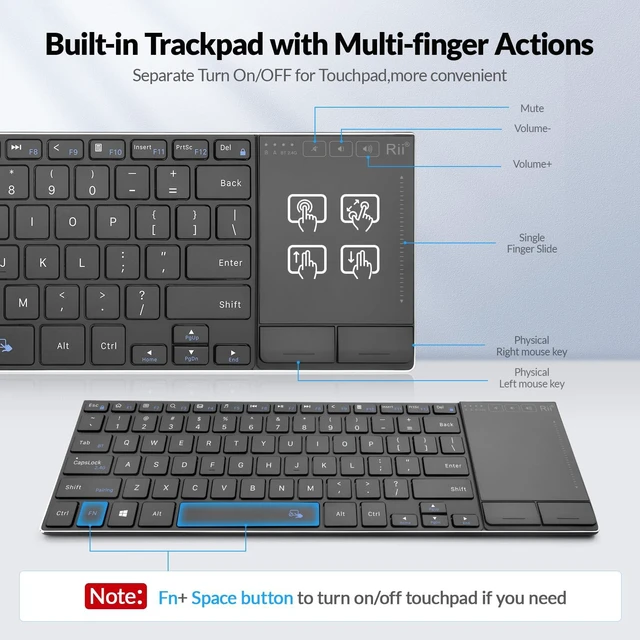 Alt view image 4 of 5 - Rii 2.4G Wireless Keyboard,Bluetooth Keyboard(BT 5.1+2.4G),Aluminium Alloy Portable with Touchpad for Computer,PC,Tablet,iPad,Android TV Box,Smart TV,Windows,Mac (Black)