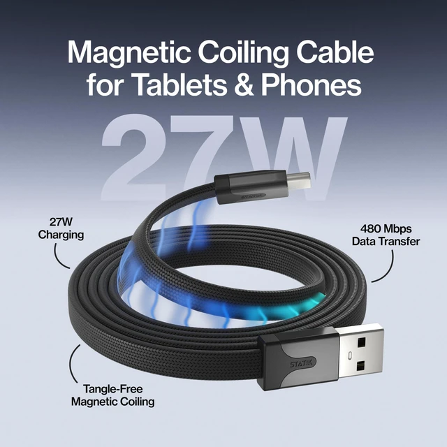 Alt view image 2 of 5 - Statik MagStack Slim USB A to C Flat Coil Magnetic Charging Cable, 27W