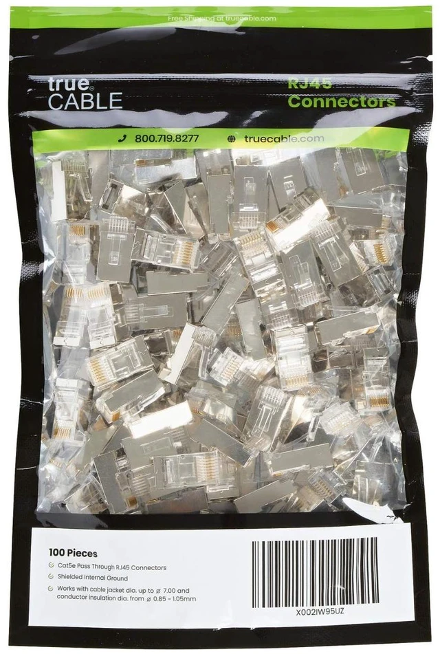 Alt view image 2 of 5 - trueCABLE Cat6/6A RJ45 Pass Through Modular Plugs, Shielded (STP) External Ground Connector, UL Listed, EZ Crimp, Gold Plated 3 Prong 8P8C, 20 Pieces