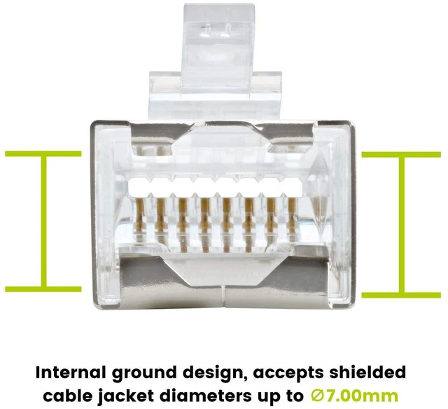 Alt view image 5 of 5 - trueCABLE Cat6/6A RJ45 Pass Through Modular Plugs, Shielded (STP) External Ground Connector, UL Listed, EZ Crimp, Gold Plated 3 Prong 8P8C, 20 Pieces