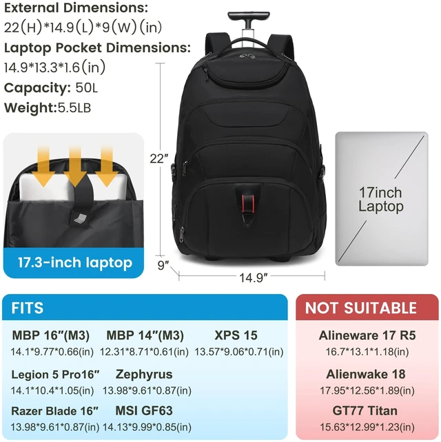 Alt view image 2 of 5 - Boavan Rolling Backpack,17 inch Water Resistant Wheeled Backpack,Carry on Luggage Business Bag, Overnight College Computer Trolley Suitcase for Men Women Adults to TravelBlack