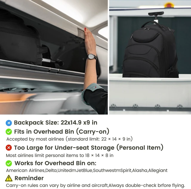 Alt view image 3 of 5 - Boavan Rolling Backpack,17 inch Water Resistant Wheeled Backpack,Carry on Luggage Business Bag, Overnight College Computer Trolley Suitcase for Men Women Adults to TravelBlack