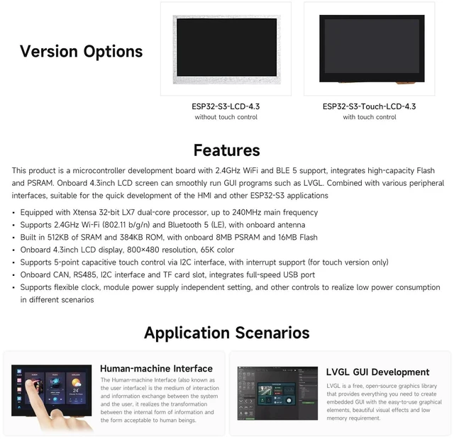Alt view image 4 of 5 - Waveshare ESP32-S3 4.3inch Display Development Board, 800480, Supports WiFi & Bluetooth, with Onboard Antenna, Without Touch Function