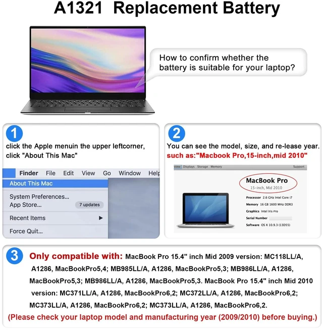 Alt view image 5 of 5 - TREE.NB A1321 A1286 (Only for Mid 2009 Mid 2010 Version) Laptop Battery for MacBook Pro 15 Inch Battery A1321 A1286 MC371LL/A MC372LL/A MB985 MB986 MC118 020-6380-A 020-6766-B
