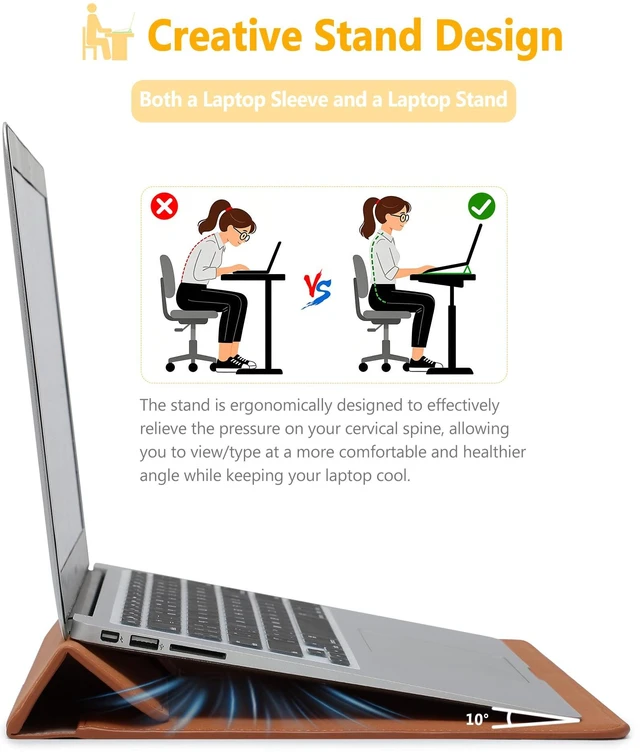Alt view image 2 of 5 - HYZUO 13 Inch Laptop Sleeve Case with Stand for MacBook Air, Brown